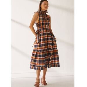 Kopal Heera Midi High Neck Halter Dress in Navy Plaid Madras Check NEW